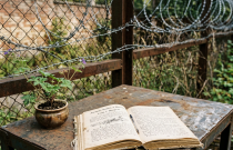 Open antique book and potted wildflower on a rusted table behind barbed wire