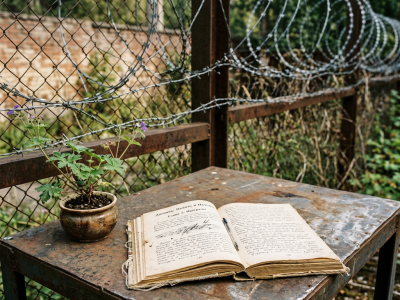 Open antique book and potted wildflower on a rusted table behind barbed wire